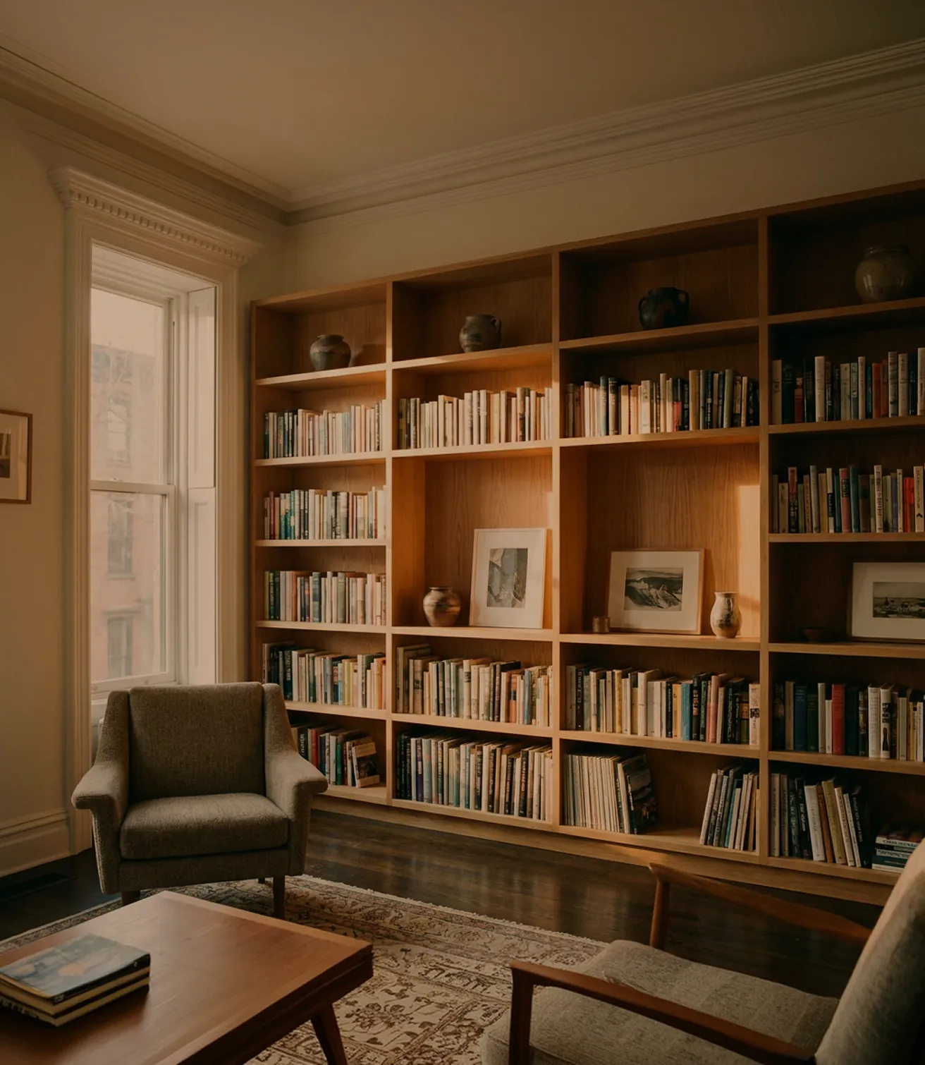 floor-to-ceiling bookshelf in white oak