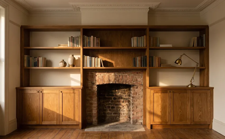 Built-in oak shelving and cabinets framing a brick fireplace