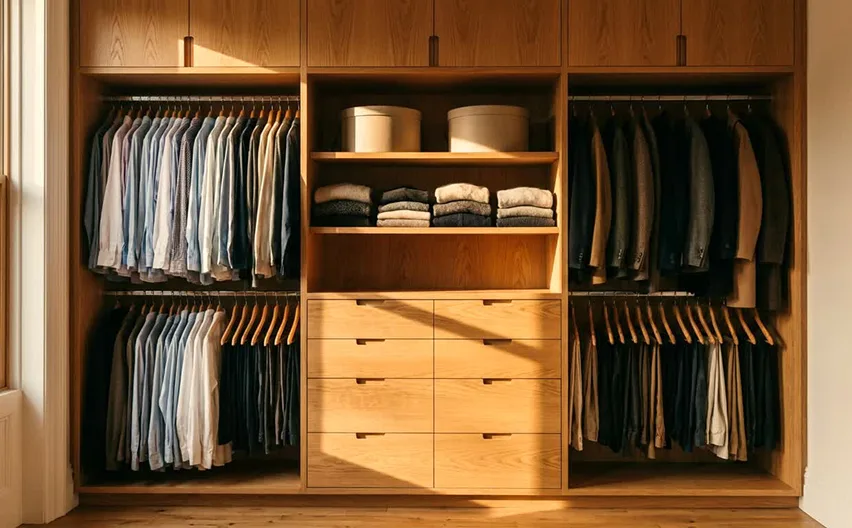 A closet fitted with oak drawers, shelves and hanging rails
