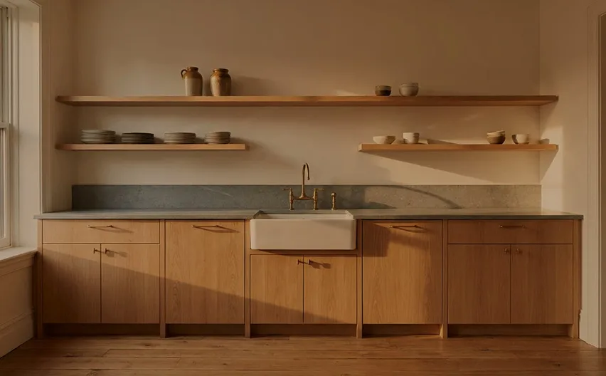 Oak kitchen cabinetry with open shelves and a farmhouse sink