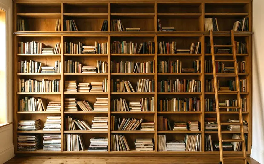 A floor-to-ceiling oak bookcase with a rolling library ladder